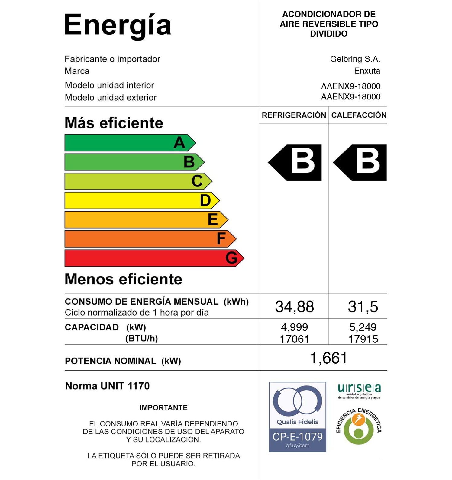 Aire Acondicionado 18.000 BTU con Gas Clase B- Enxuta