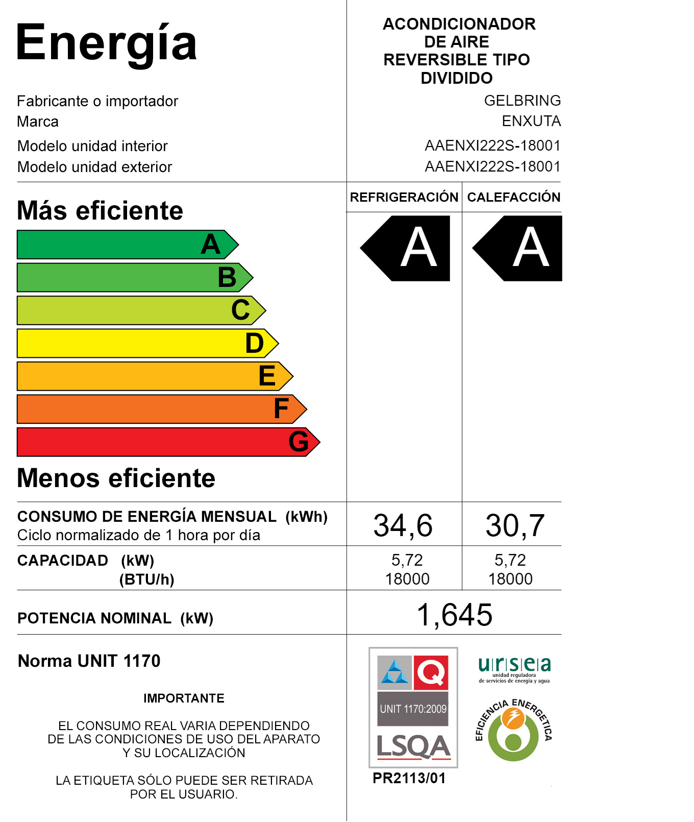 Aire Acondicionado Smart Inverter 18.000 BTU con Gas- Enxuta