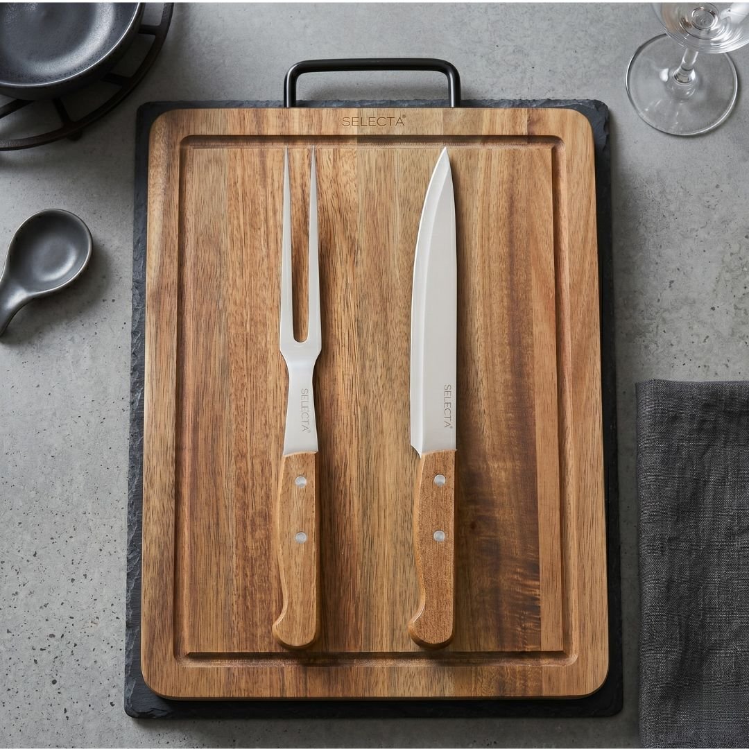 Set tabla madera acacia con cuchilla y tenedor