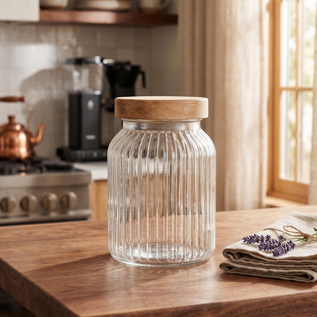 Recipiente vidrio labrado c/tapa madera 1000ml