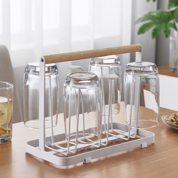 Escurre vasos metal mgo madera blanco.