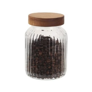 Recipiente vidrio labrado c/tapa madera 1000ml