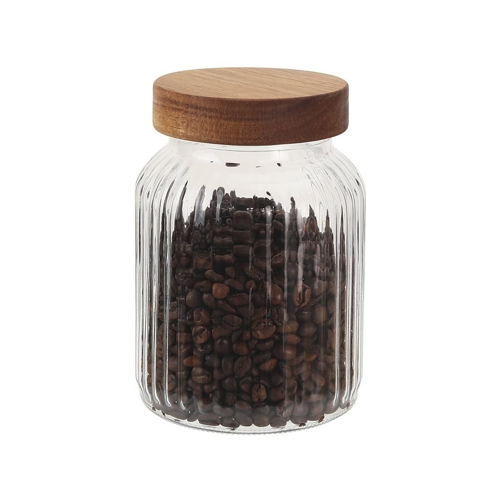 Recipiente vidrio labrado c/tapa madera 1000ml
