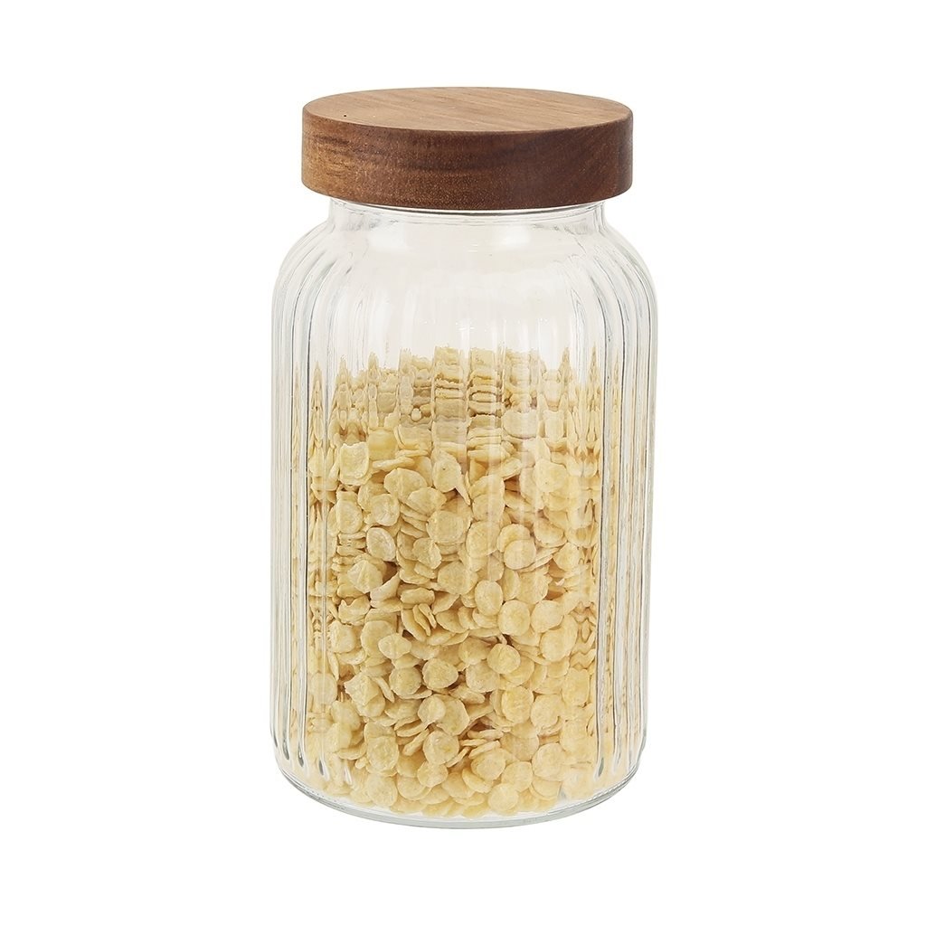 Recipiente vidrio labrado c/tapa madera 1200ml