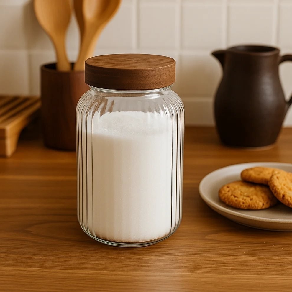 Recipiente vidrio labrado c/tapa madera 1200ml - Imagen 2