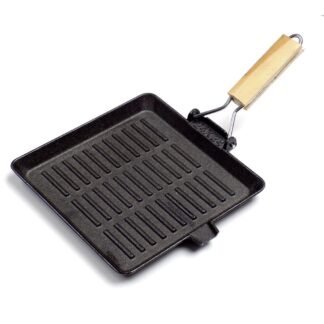 Plancha grill cuadrada con mango madera hierro.
