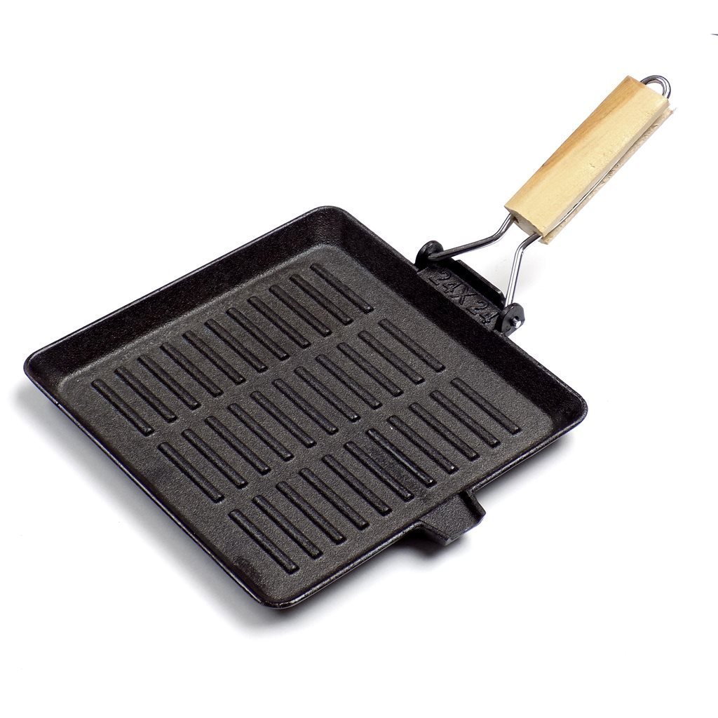Plancha grill cuadrada con mango madera hierro.