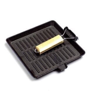 Plancha grill cuadrada con mango madera hierro.