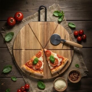 Set tabla madera acacia con cortador pizza